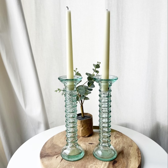 Set of 2 Vintage La Mediterranea Recycled Green Glass Vases/Candlesticks 10” - Picture 4 of 7